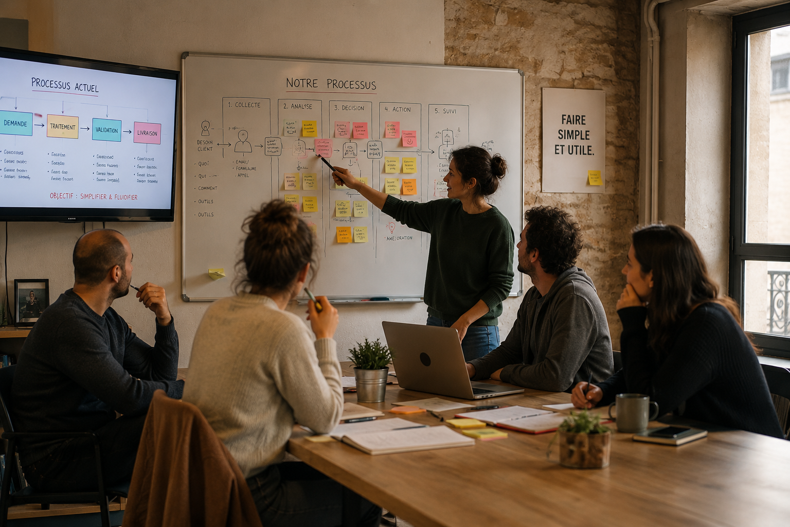 Équipe en réunion d'audit — analyse des processus sur tableau blanc