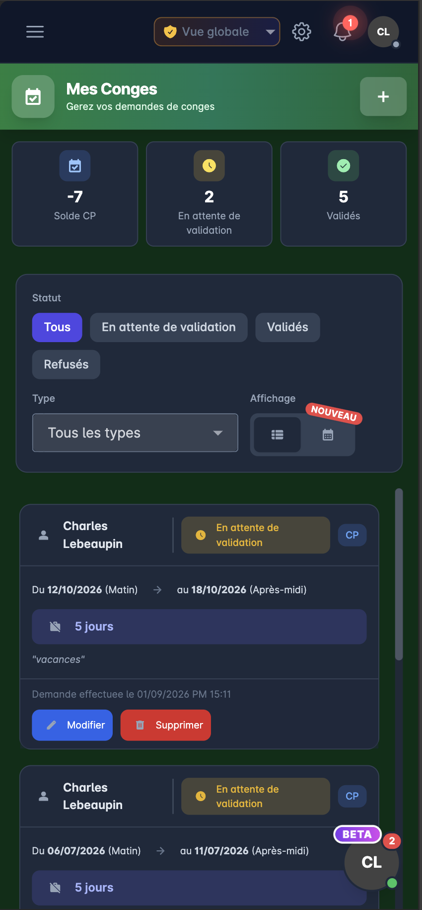 POLO — Gestion des congés sur mobile